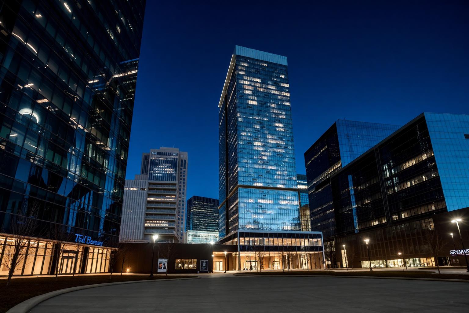 Glass office towers in a Texas tech corridor at night