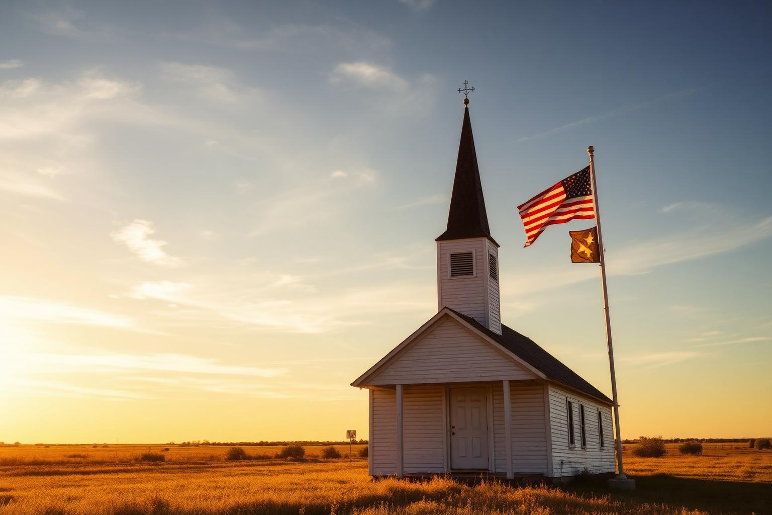 Country church and American flag on the Texas plains